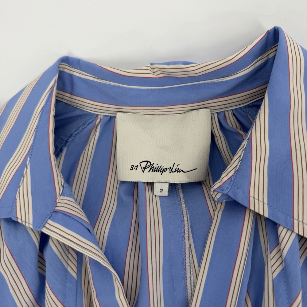 3.1 Phillip Lim Sz 2 Collared Puff Sleeve‎ Short Shirt Dress Striped Side Ties - Picture 5 of 7